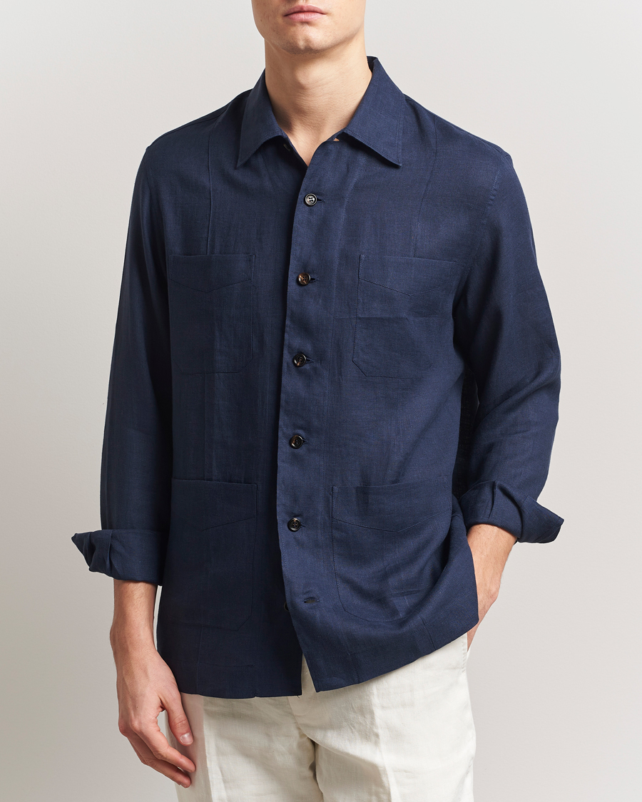 Men | Shirts | Brunello Cucinelli | Cuban Linen Shirt Jacket Dark Blue