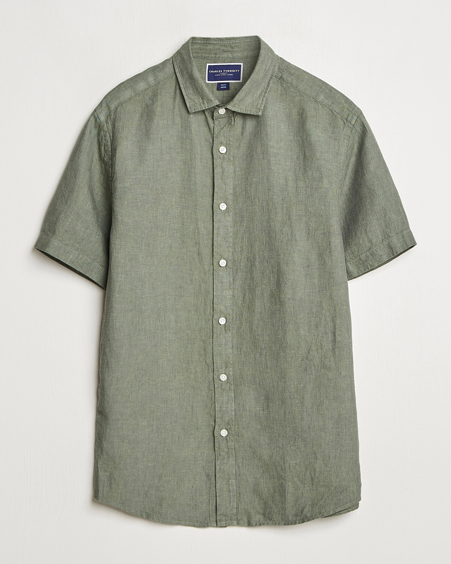 Men | Shirts | Charles Tyrwhitt | Pure Linen Short Sleeve Slim Fit Shirt Olive