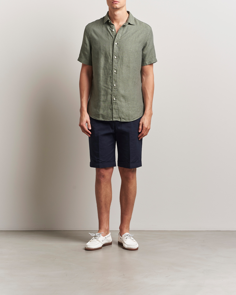 Men | Shirts | Charles Tyrwhitt | Pure Linen Short Sleeve Slim Fit Shirt Olive