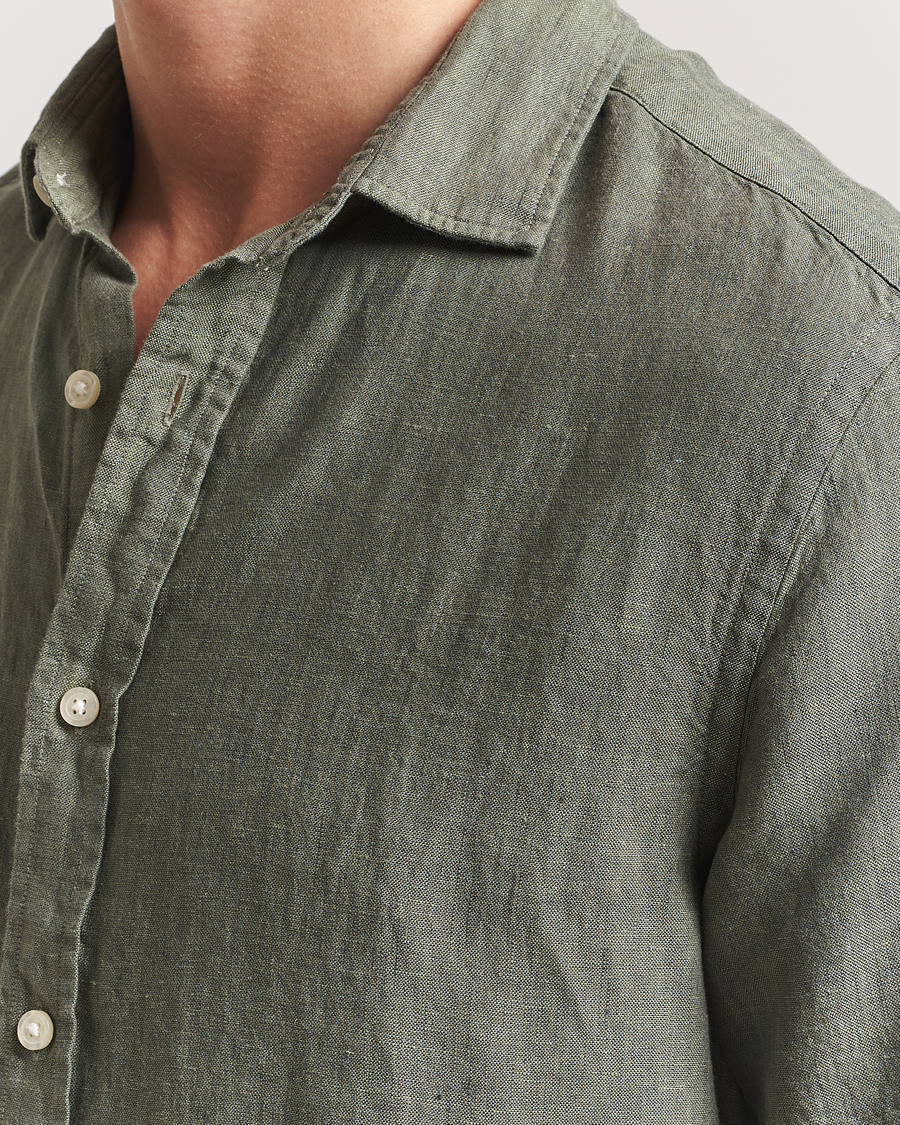Men | Shirts | Charles Tyrwhitt | Pure Linen Short Sleeve Slim Fit Shirt Olive