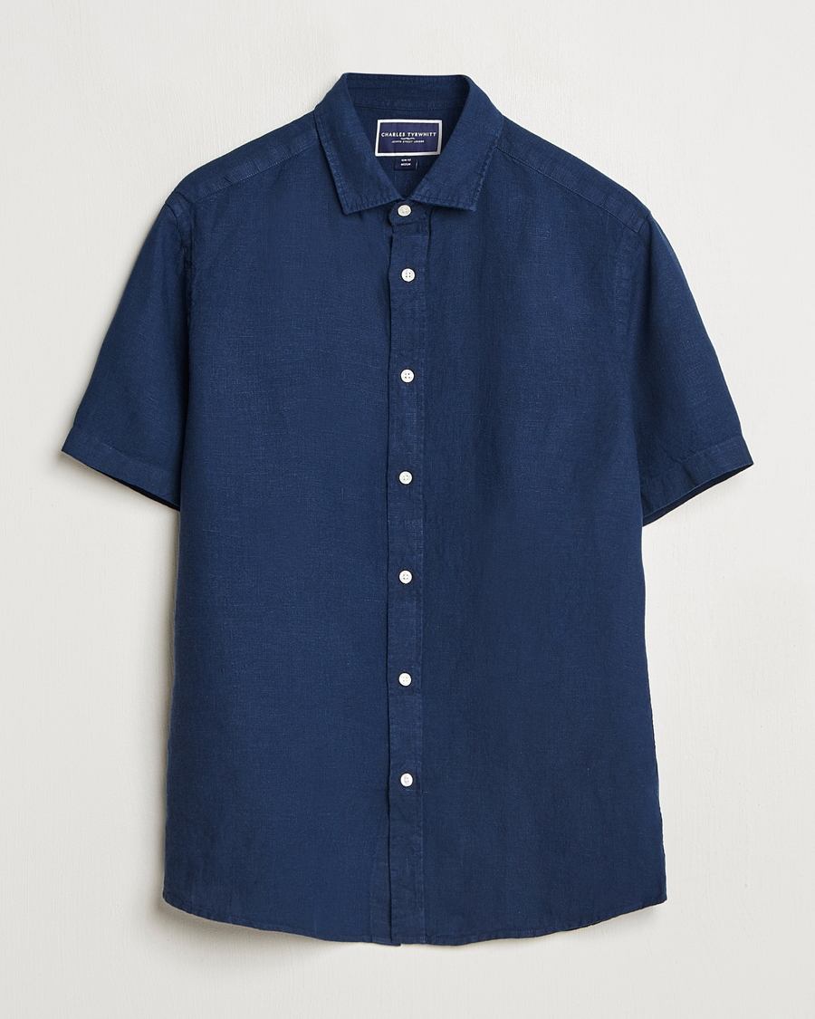 Men | Shirts | Charles Tyrwhitt | Pure Linen Short Sleeve Slim Fit Shirt Navy