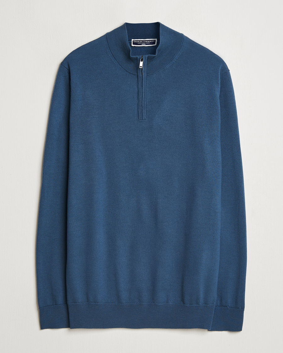 Men | Sweaters & Knitwear | Charles Tyrwhitt | Pure Merino Zip Neck Jumper Petrol Blue