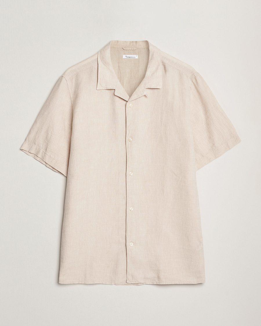 Men | Shirts | KnowledgeCotton Apparel | Short Sleeve Linen Resort Shirt Light Feather Grey