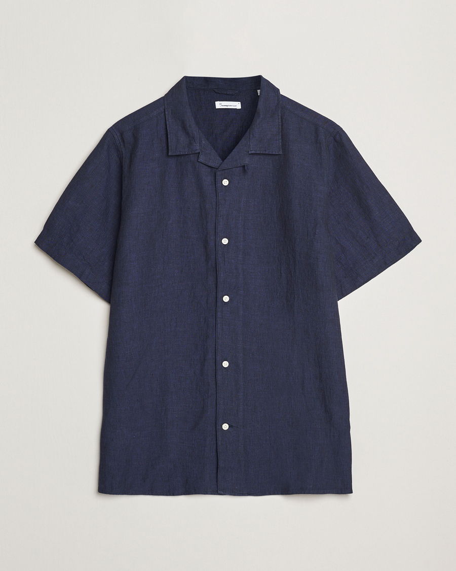 Men | Shirts | KnowledgeCotton Apparel | Short Sleeve Linen Resort Shirt Total Eclipse