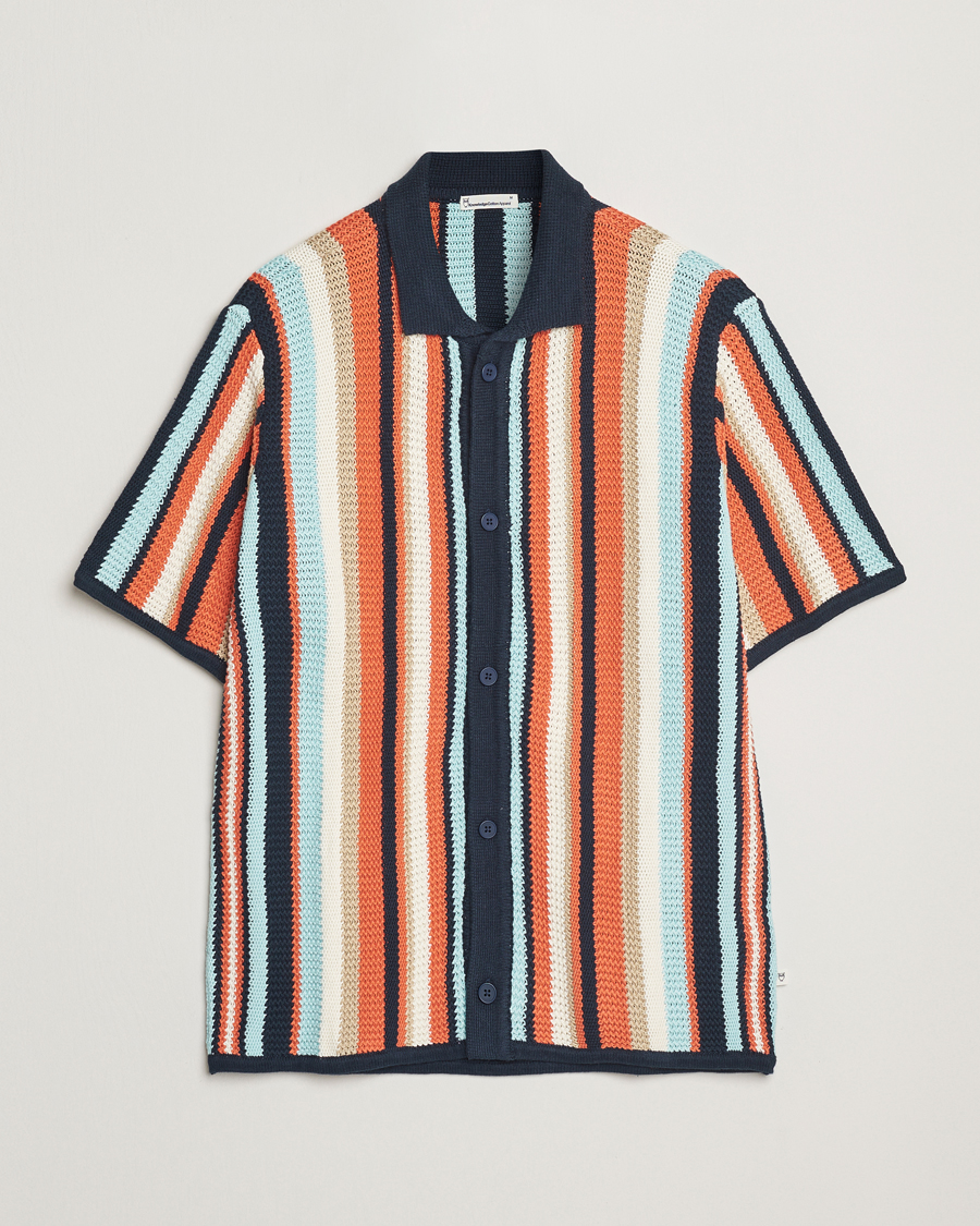 Men | Shirts | KnowledgeCotton Apparel | Knitted Multi Stripe Short Sleeve Shirt Blue