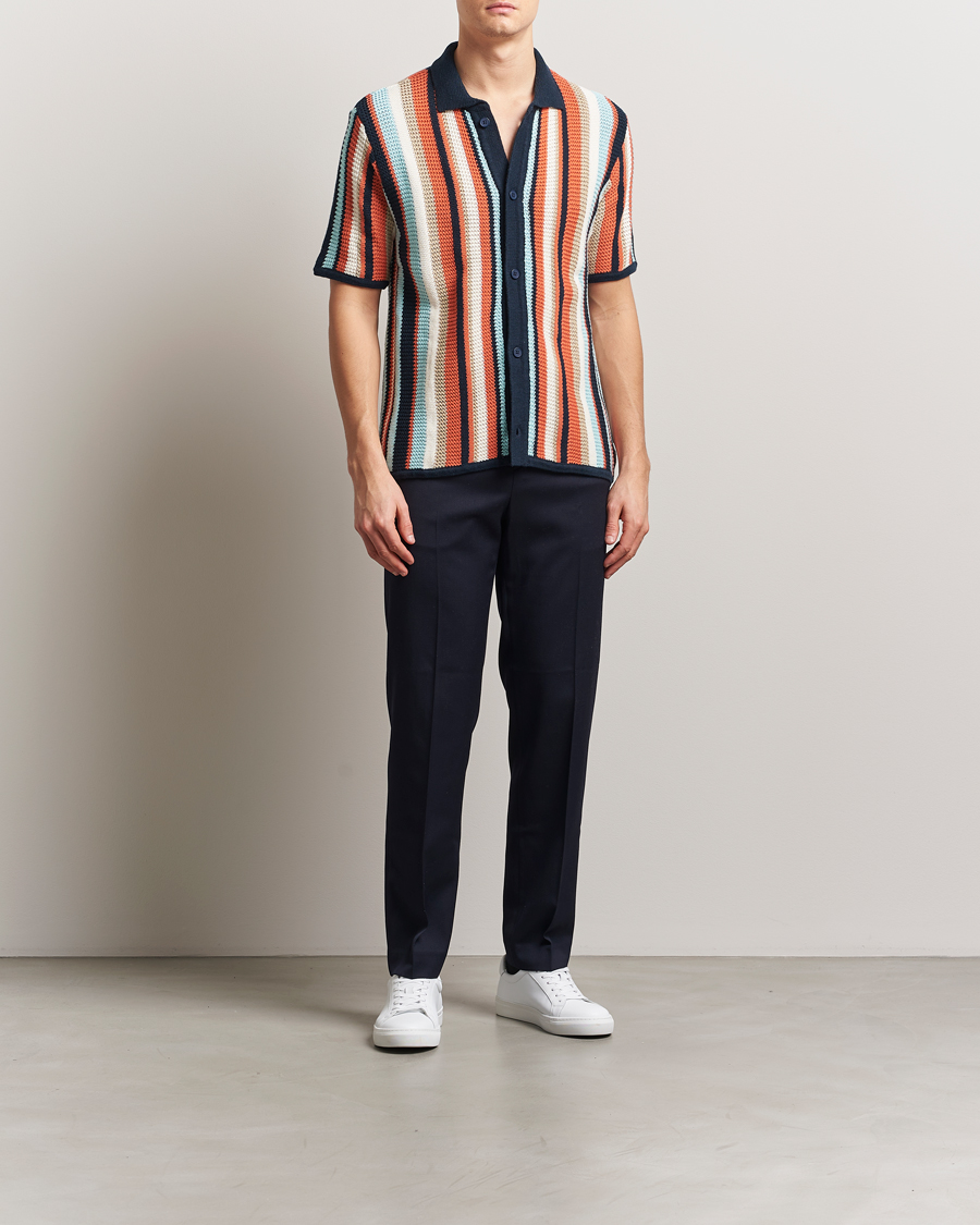 Men | Shirts | KnowledgeCotton Apparel | Knitted Multi Stripe Short Sleeve Shirt Blue