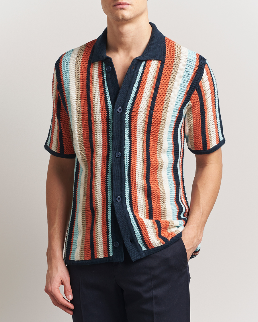 Men | Shirts | KnowledgeCotton Apparel | Knitted Multi Stripe Short Sleeve Shirt Blue