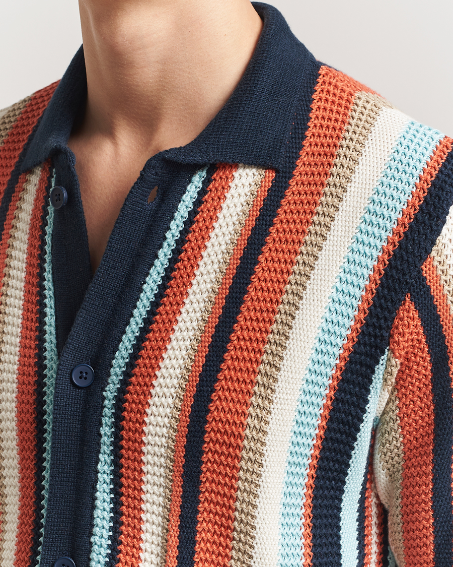 Men | Shirts | KnowledgeCotton Apparel | Knitted Multi Stripe Short Sleeve Shirt Blue