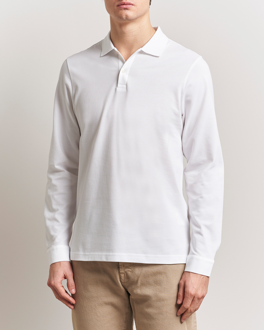 Men | Polo Shirts | Sunspel | Supima Cotton Long Sleeve Pique Polo White