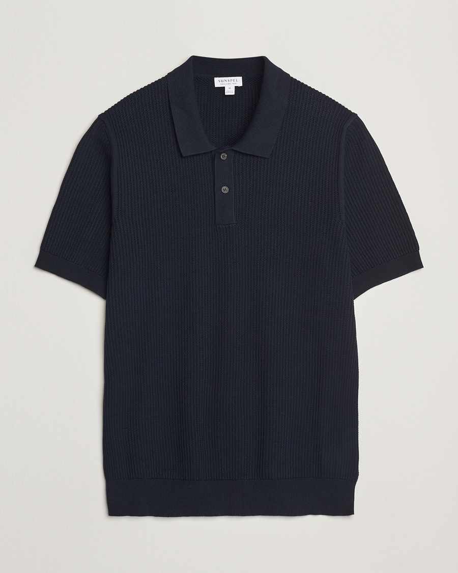 Men | Polo Shirts | Sunspel | Mesh Knit Stitch Polo Navy
