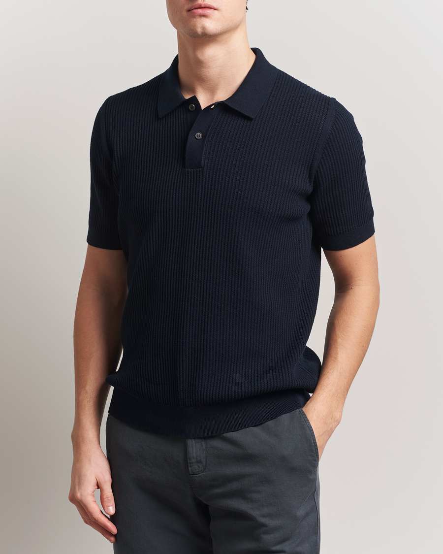 Men | Polo Shirts | Sunspel | Mesh Knit Stitch Polo Navy