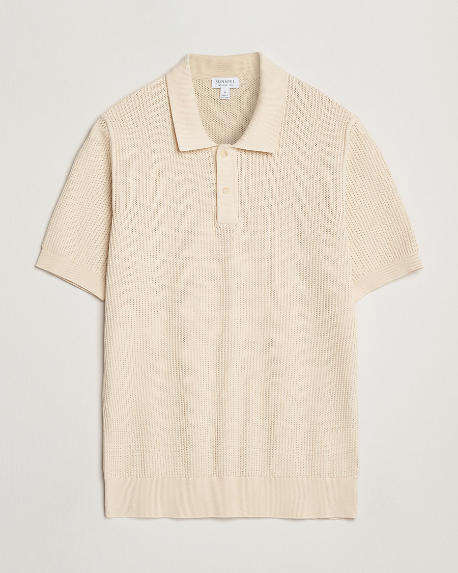 Men | Polo Shirts | Sunspel | Mesh Knit Stitch Polo Ecru