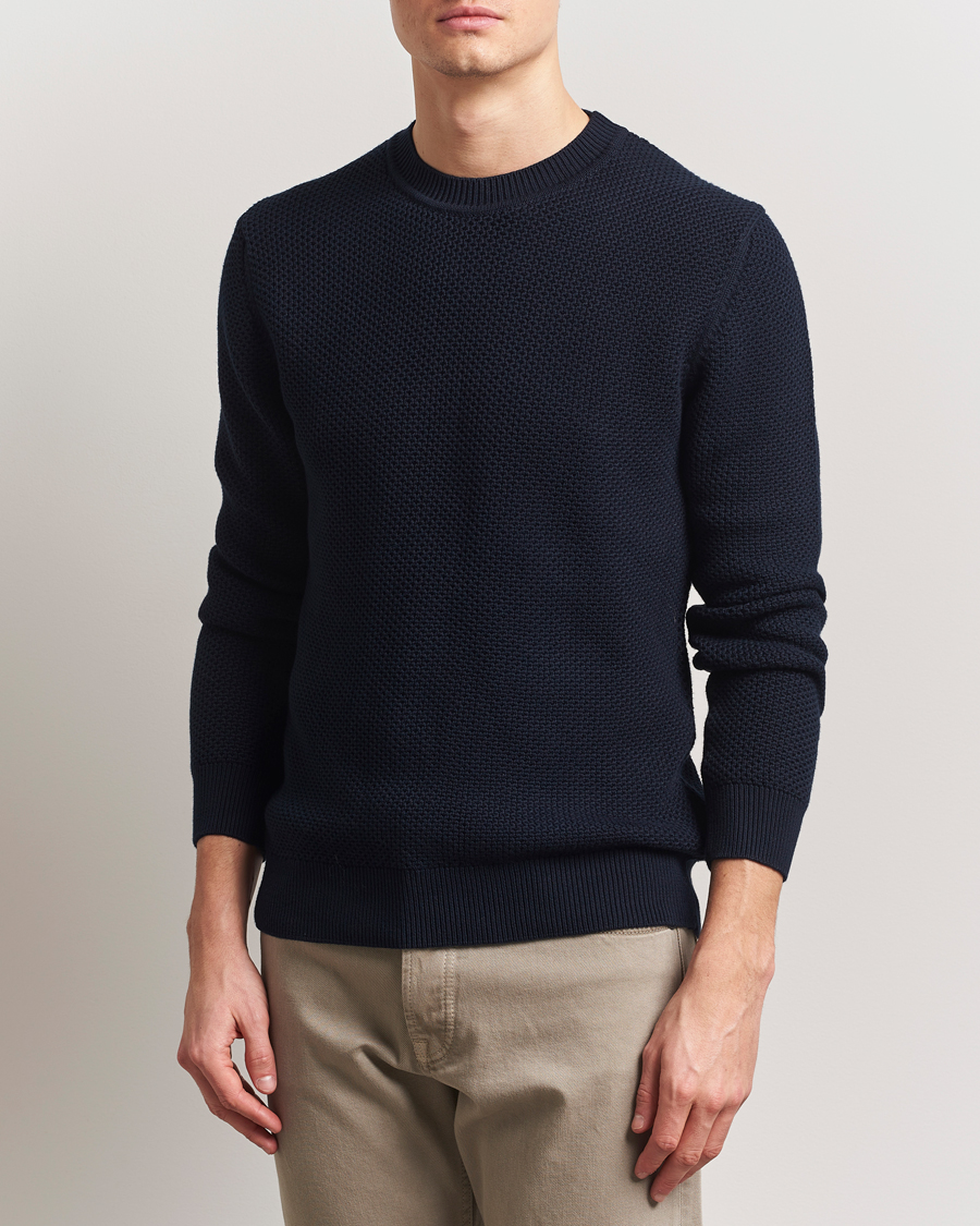 Men | Sweaters & Knitwear | Sunspel | Textured Stich Crew Neck Jumper Navy