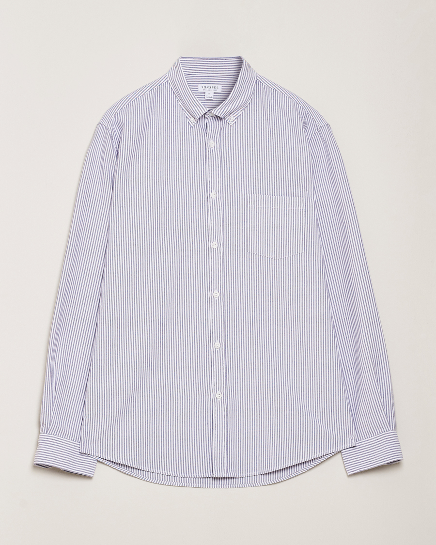 Men | Shirts | Sunspel | Striped Oxford Button Down Shirt White/Navy