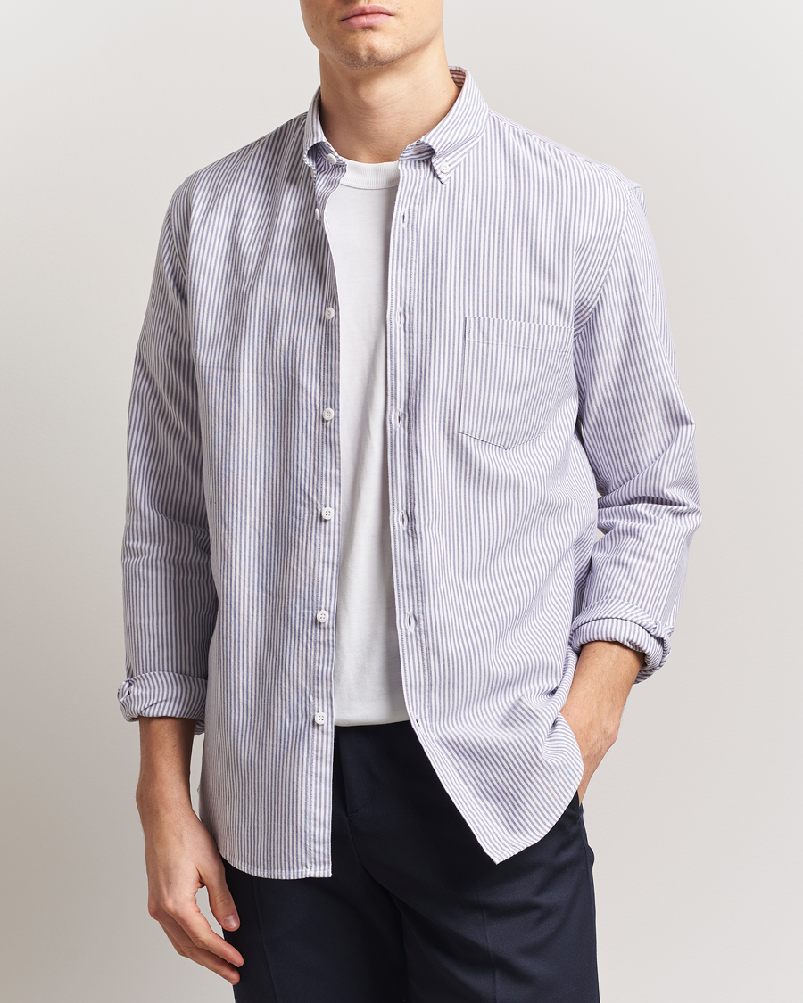 Men | Shirts | Sunspel | Striped Oxford Button Down Shirt White/Navy