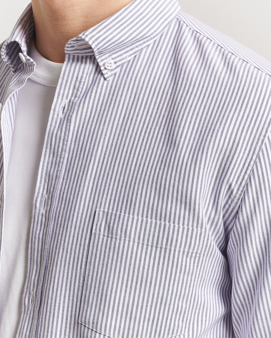Men | Shirts | Sunspel | Striped Oxford Button Down Shirt White/Navy