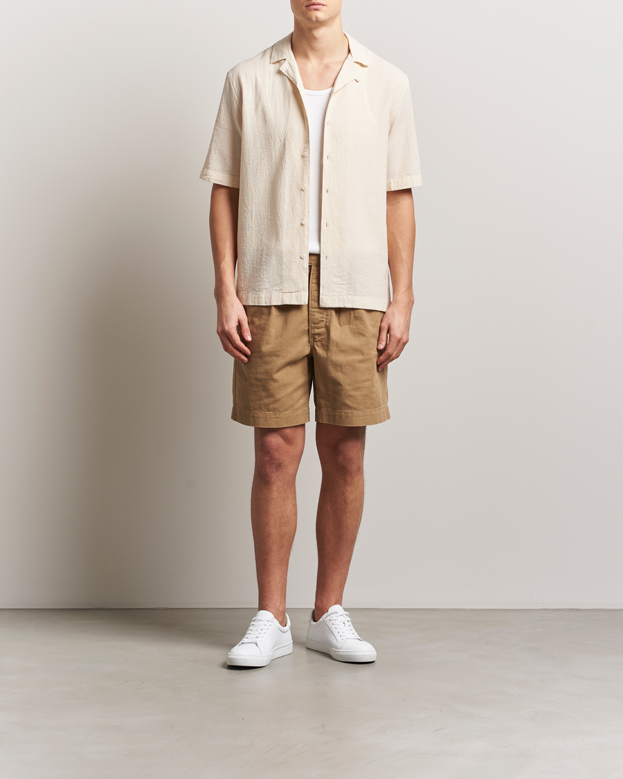 Men | Shirts | Sunspel | Loose Weave Check Cotton Camp Shirt Ecru