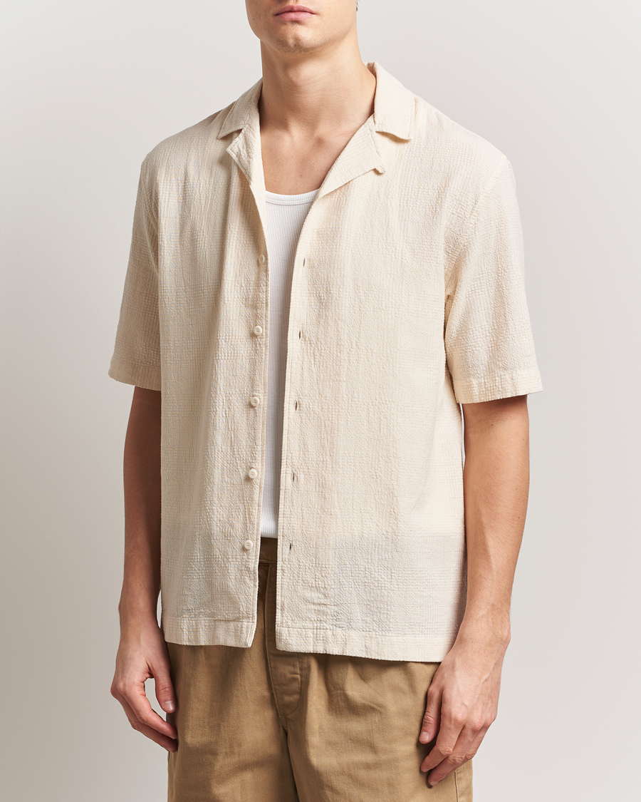Men | Shirts | Sunspel | Loose Weave Check Cotton Camp Shirt Ecru