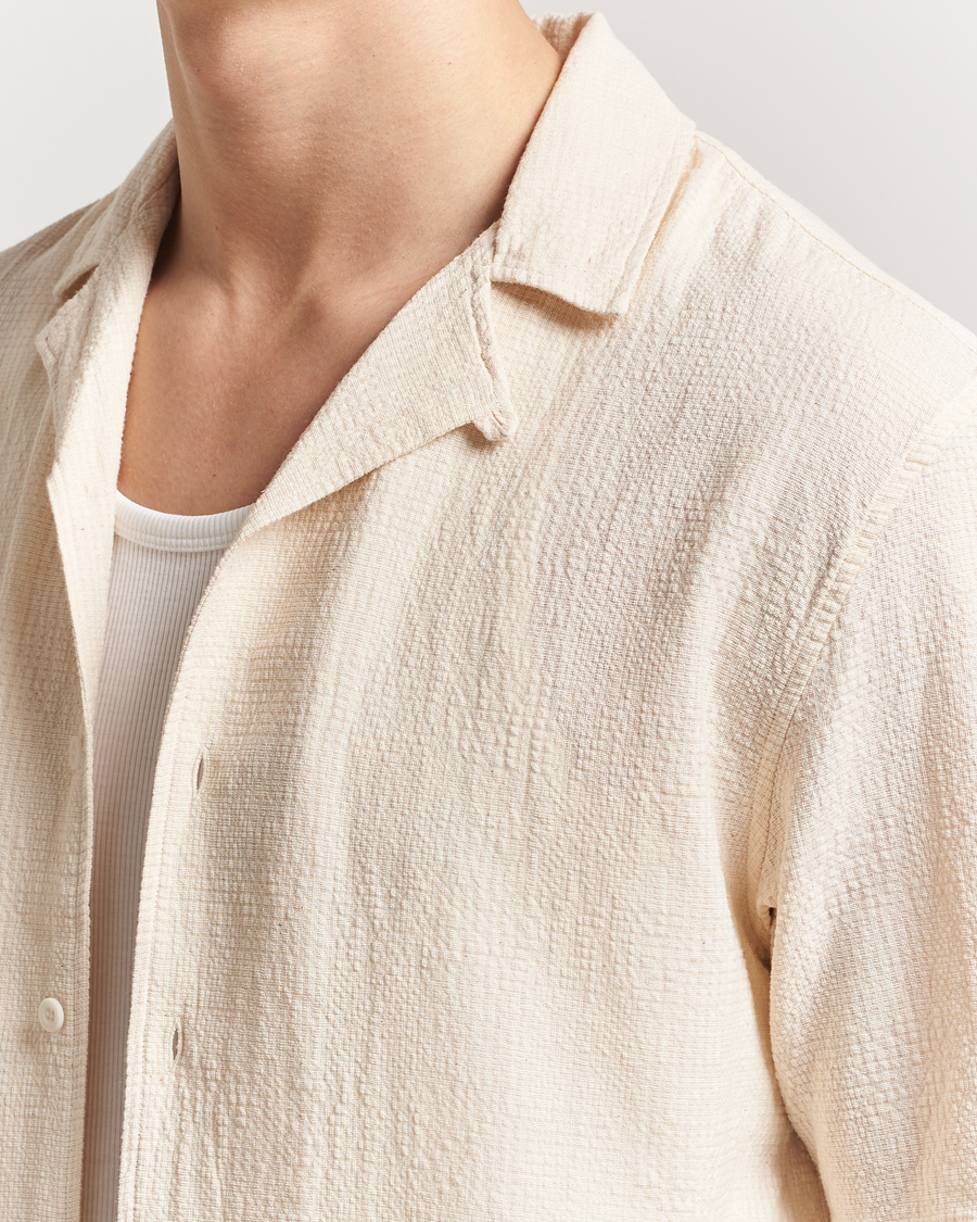 Men | Shirts | Sunspel | Loose Weave Check Cotton Camp Shirt Ecru