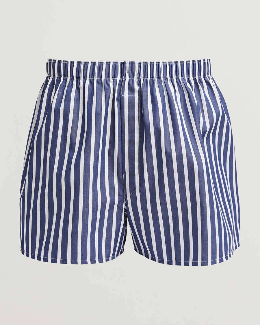 Men | Underwear & Socks | Sunspel | Classic Woven Cotton Boxer Shorts Navy/White Stripe