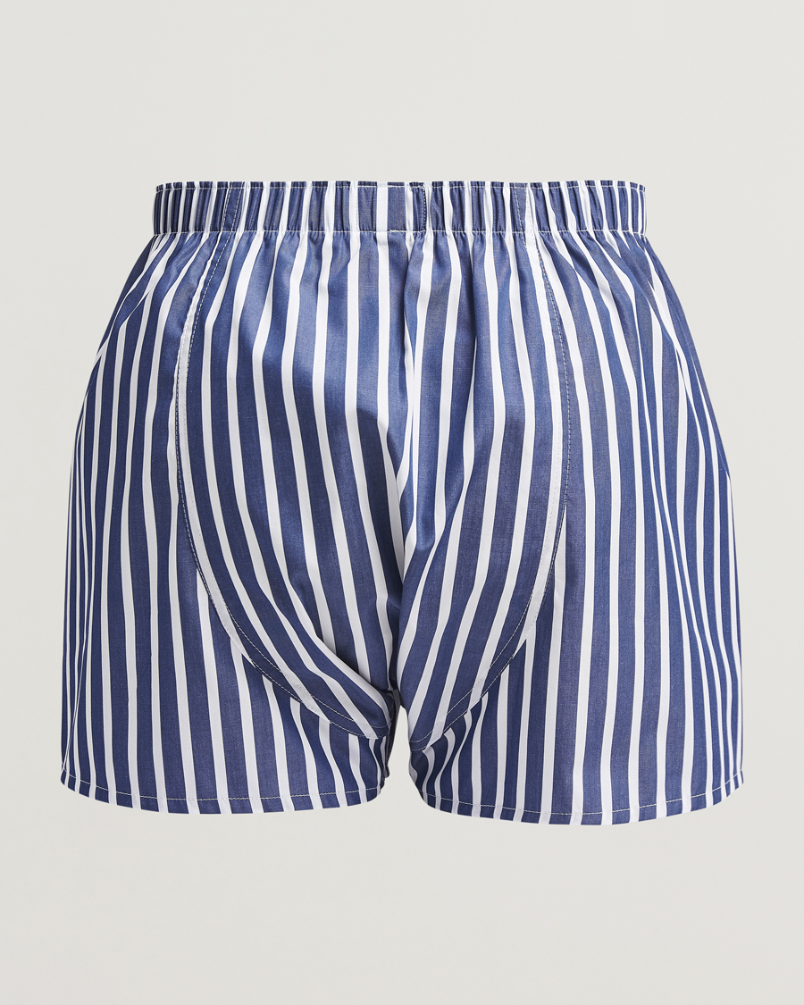 Men | Underwear & Socks | Sunspel | Classic Woven Cotton Boxer Shorts Navy/White Stripe