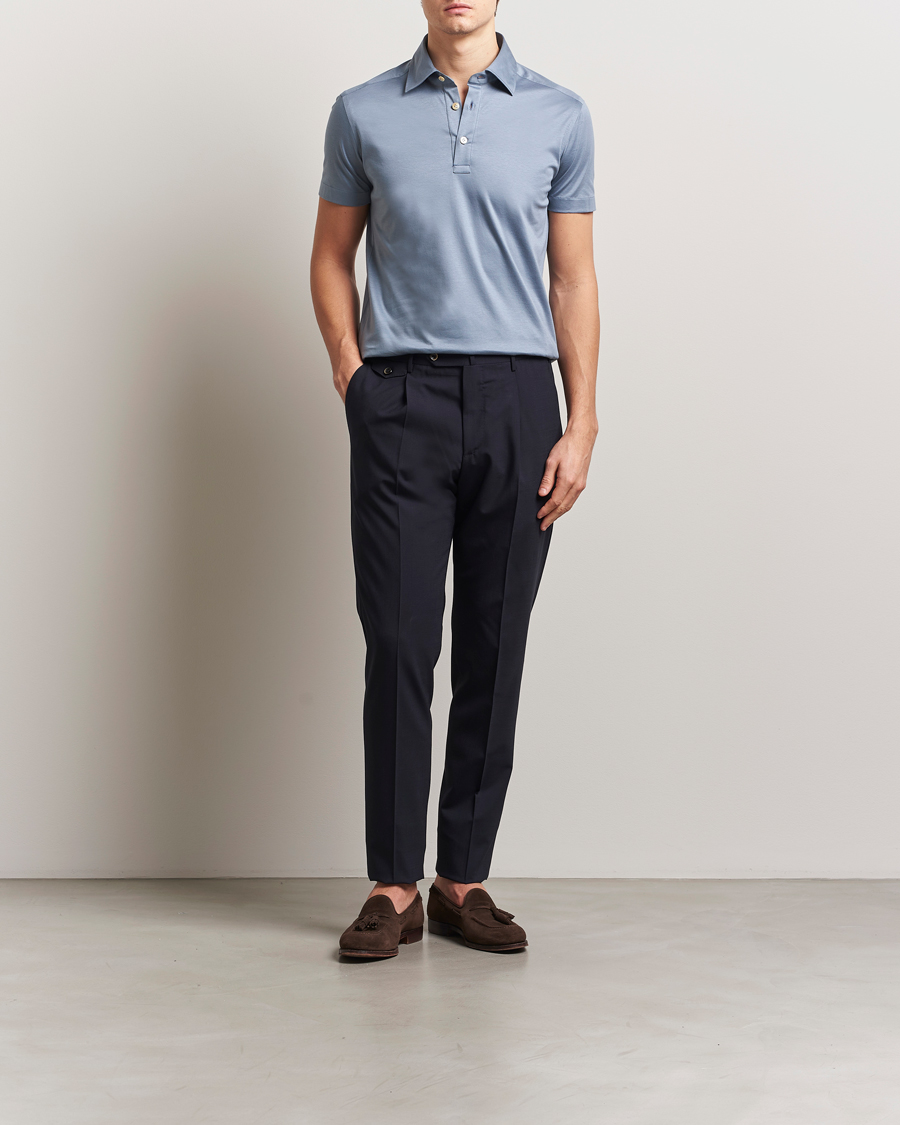 Men | Polo Shirts | Kiton | Short Sleeve Jersey Polo Steel Blue
