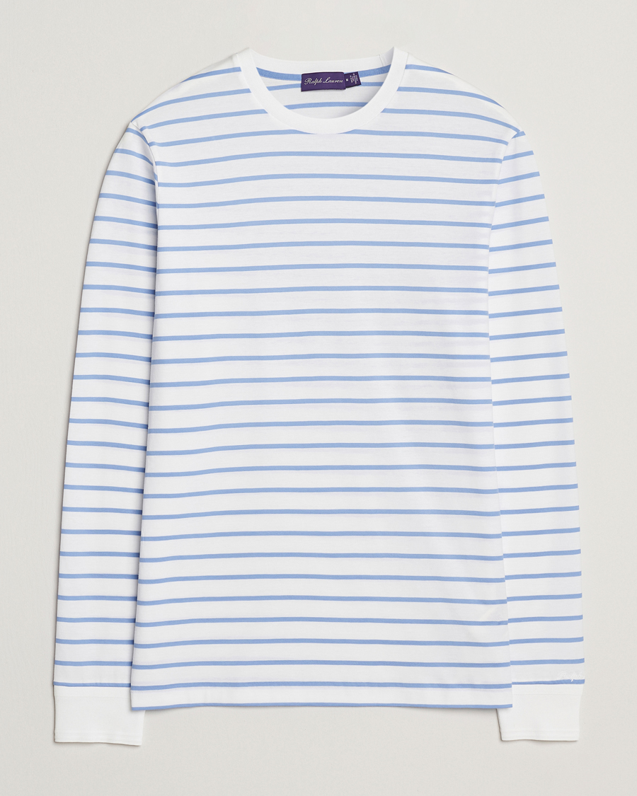 Men | T-Shirts | Ralph Lauren Purple Label | Long Sleeve Striped T-Shirt White/Cornflower
