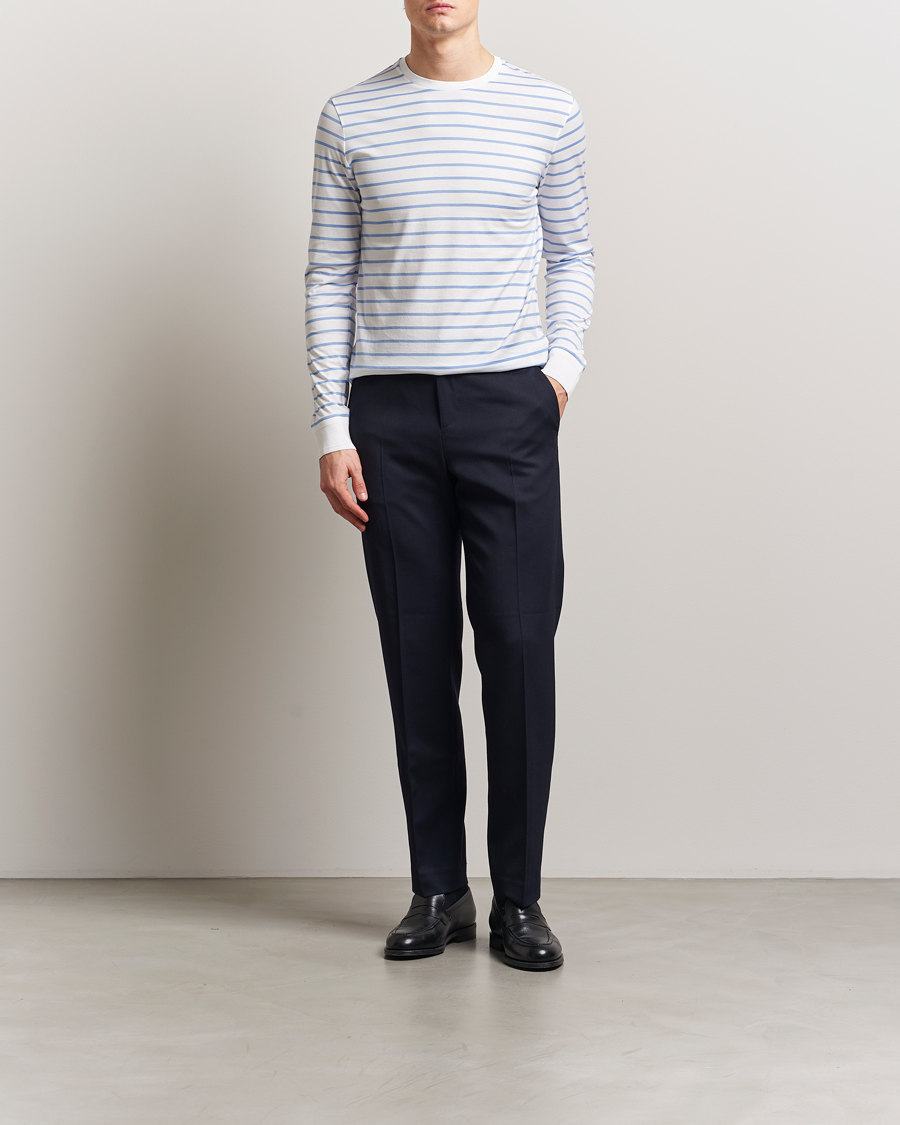 Men | T-Shirts | Ralph Lauren Purple Label | Long Sleeve Striped T-Shirt White/Cornflower