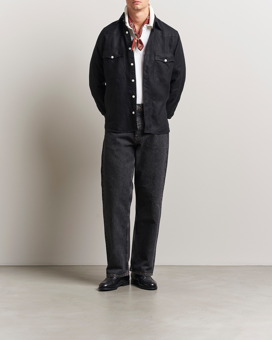 Men | Shirts | Drake's | Linen Twill Western Shirt Black