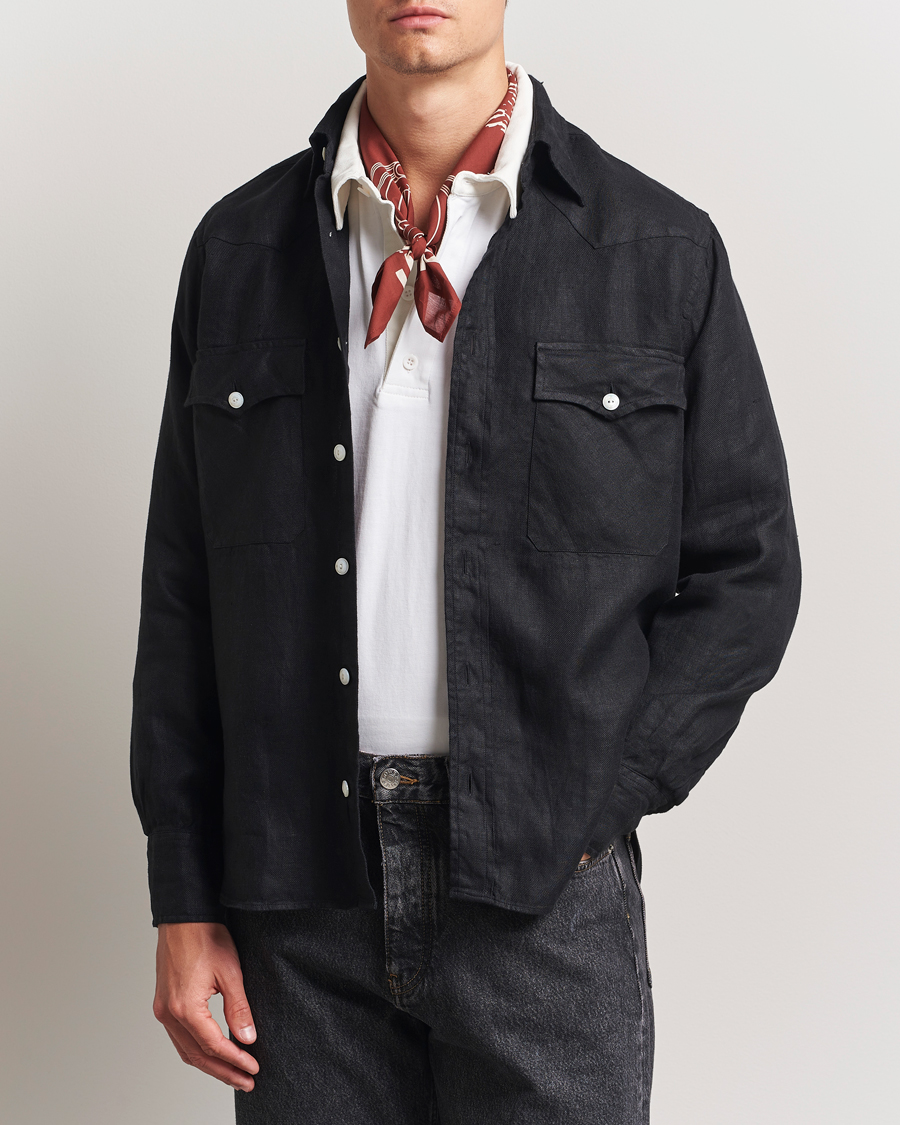 Men | Shirts | Drake's | Linen Twill Western Shirt Black