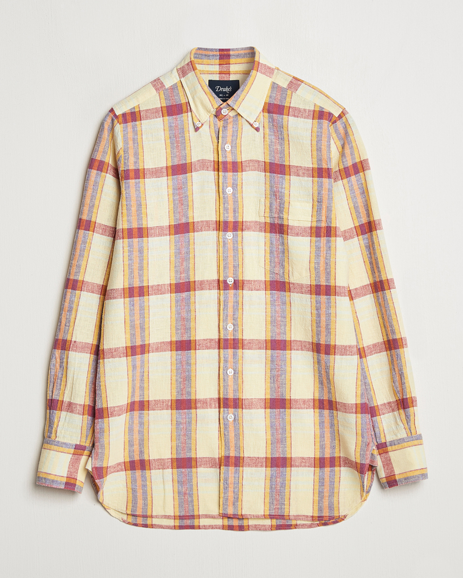 Men | Shirts | Drake's | Madras Cotton/Linen Button Down Shirt Yellow/Red/Navy