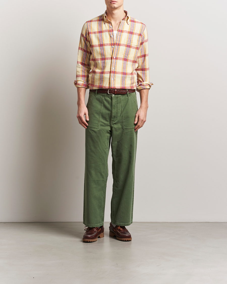 Men | Shirts | Drake's | Madras Cotton/Linen Button Down Shirt Yellow/Red/Navy