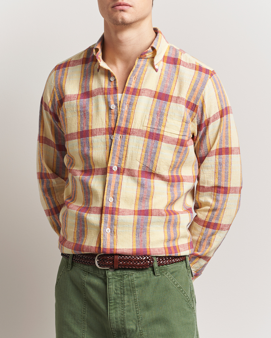 Men | Shirts | Drake's | Madras Cotton/Linen Button Down Shirt Yellow/Red/Navy