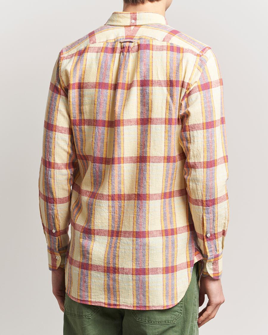 Men | Shirts | Drake's | Madras Cotton/Linen Button Down Shirt Yellow/Red/Navy