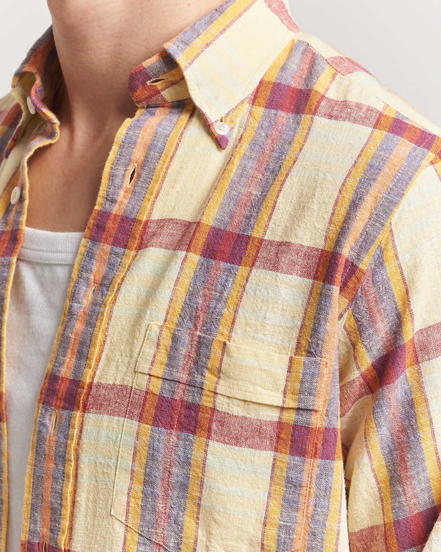 Men | Shirts | Drake's | Madras Cotton/Linen Button Down Shirt Yellow/Red/Navy