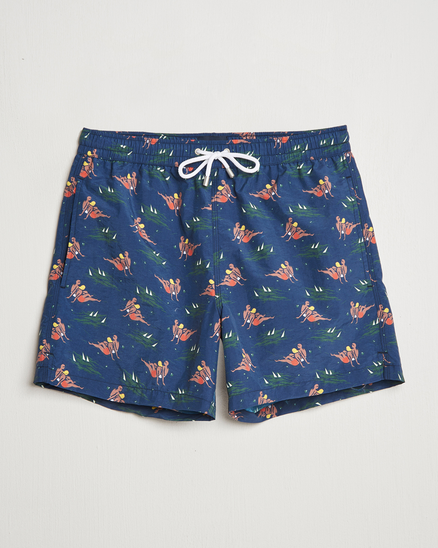 Men | Swimwear | Drake's | Bathers Print Drawstring Swimshorts Navy