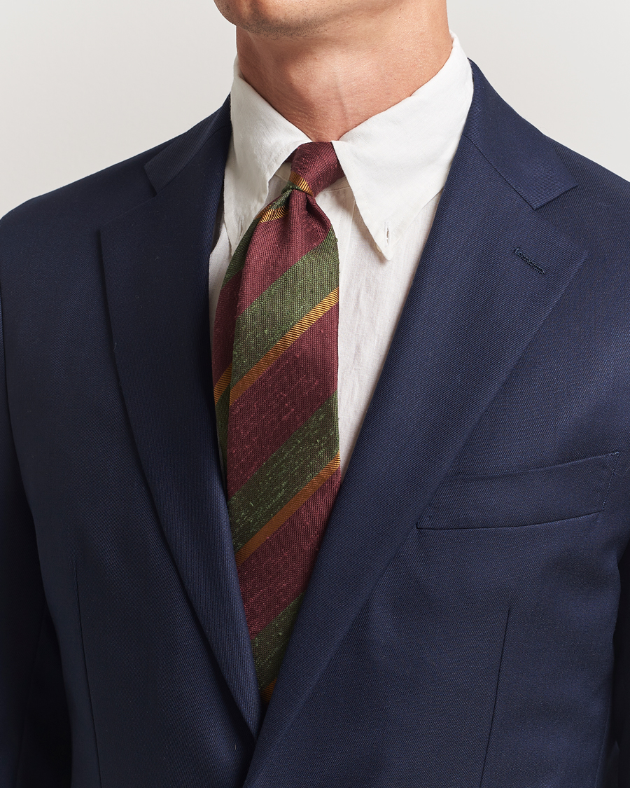 Men | Ties | Drake's | Shantung Multi Stripe Silk Tie Burgundy