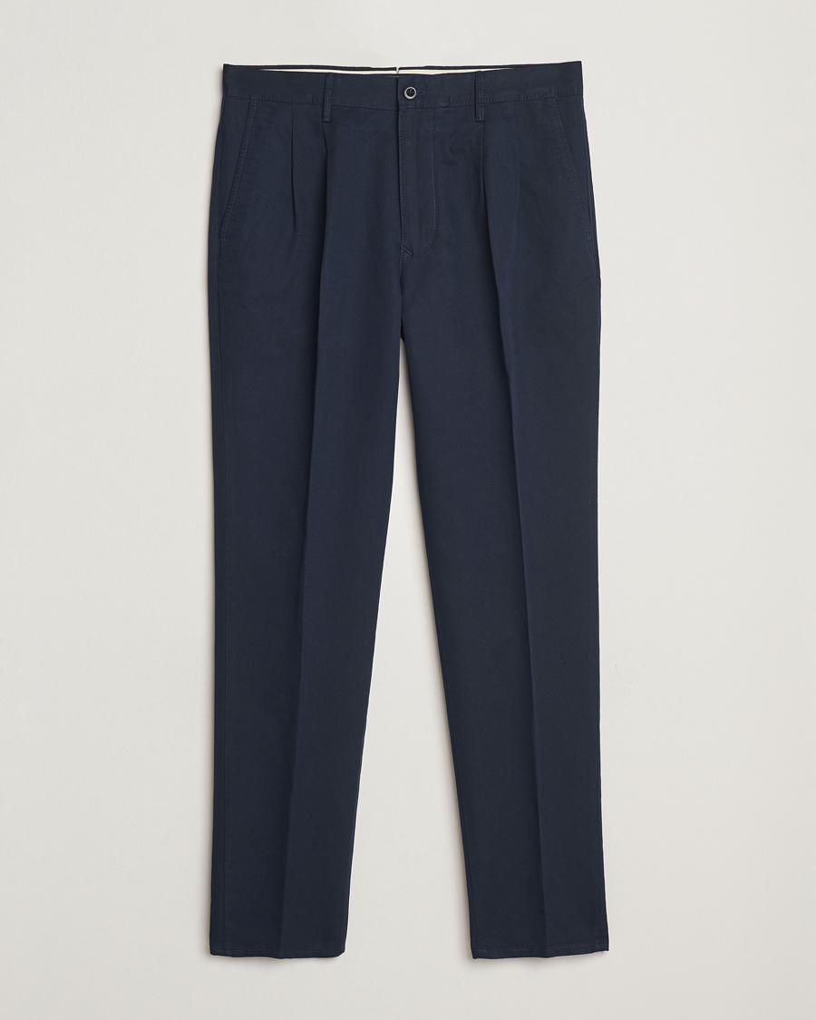 Men | Trousers | Incotex | Tapered Fit Pleated Linen Slacks Navy