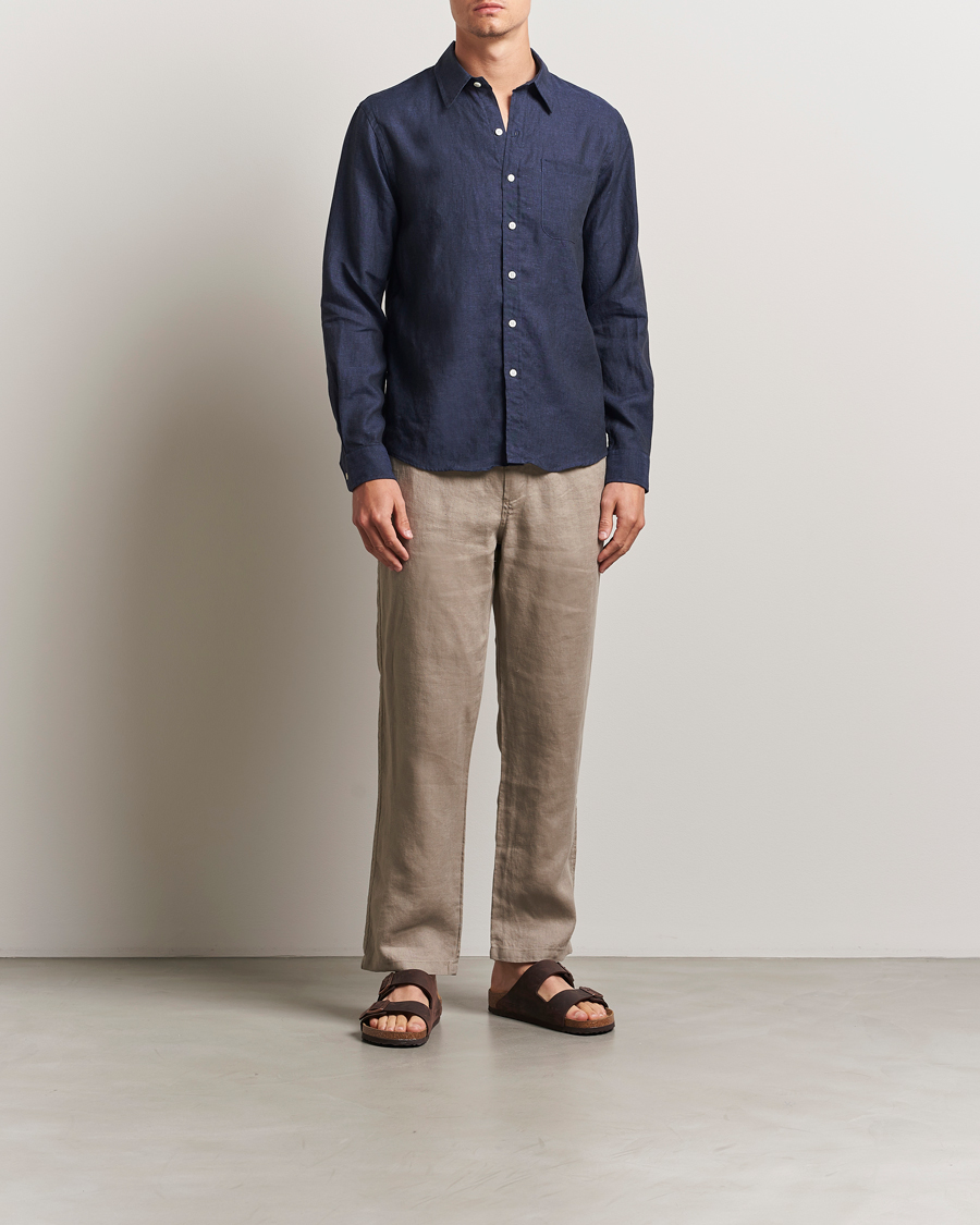 Men | Shirts | Colorful Standard | Garment Dyed Linen Shirt Navy Blue