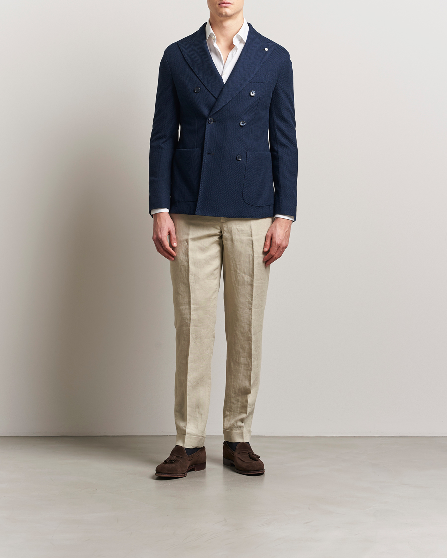 Men | Blazers | L.B.M. 1911 | Tom Double Breasted Herringbone Jersey Blazer Navy