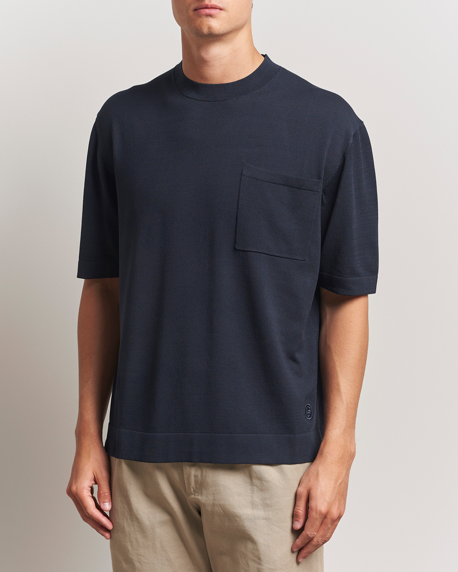 Men | T-Shirts | BOSS BLACK | Jervaiso Cotton/Silk Knitted T-Shirt Dark Blue