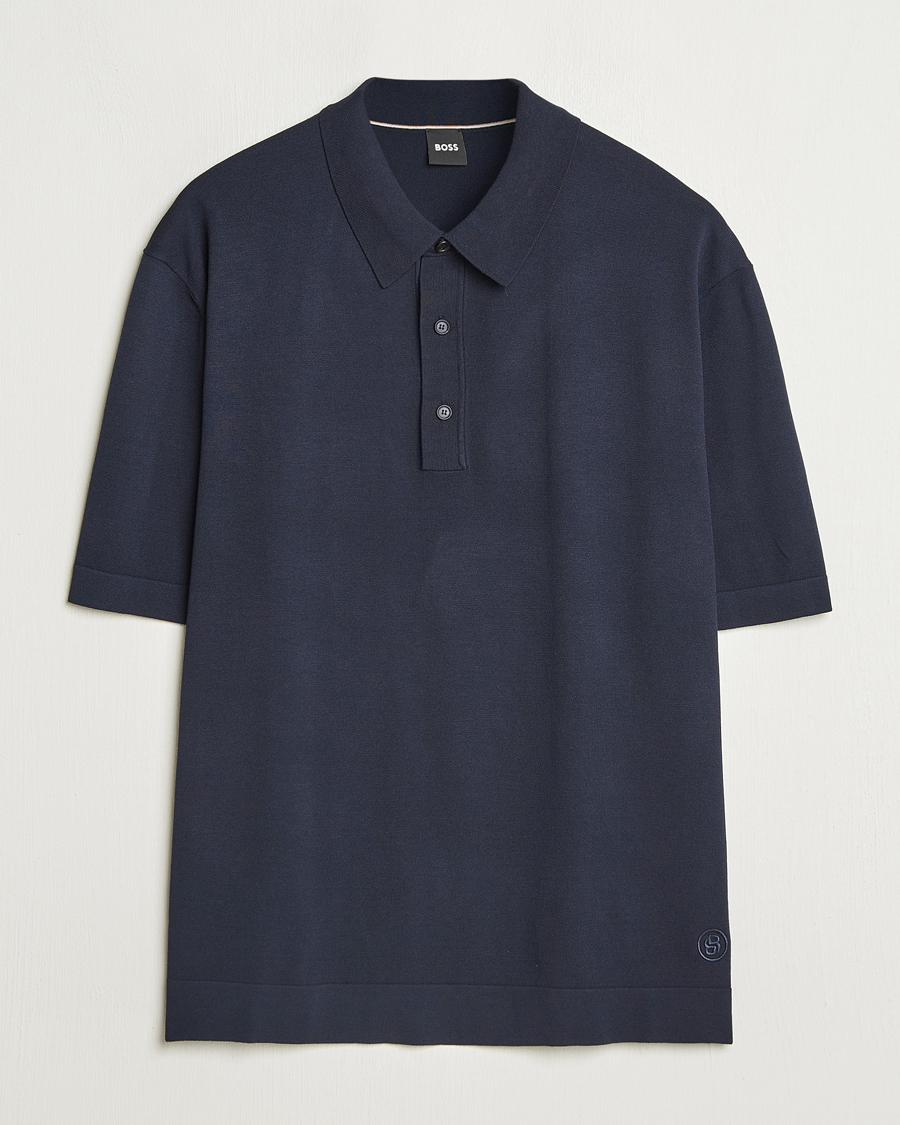 Men | Polo Shirts | BOSS BLACK | Jervasoni Cotton/Silk Knitted Polo Dark Blue