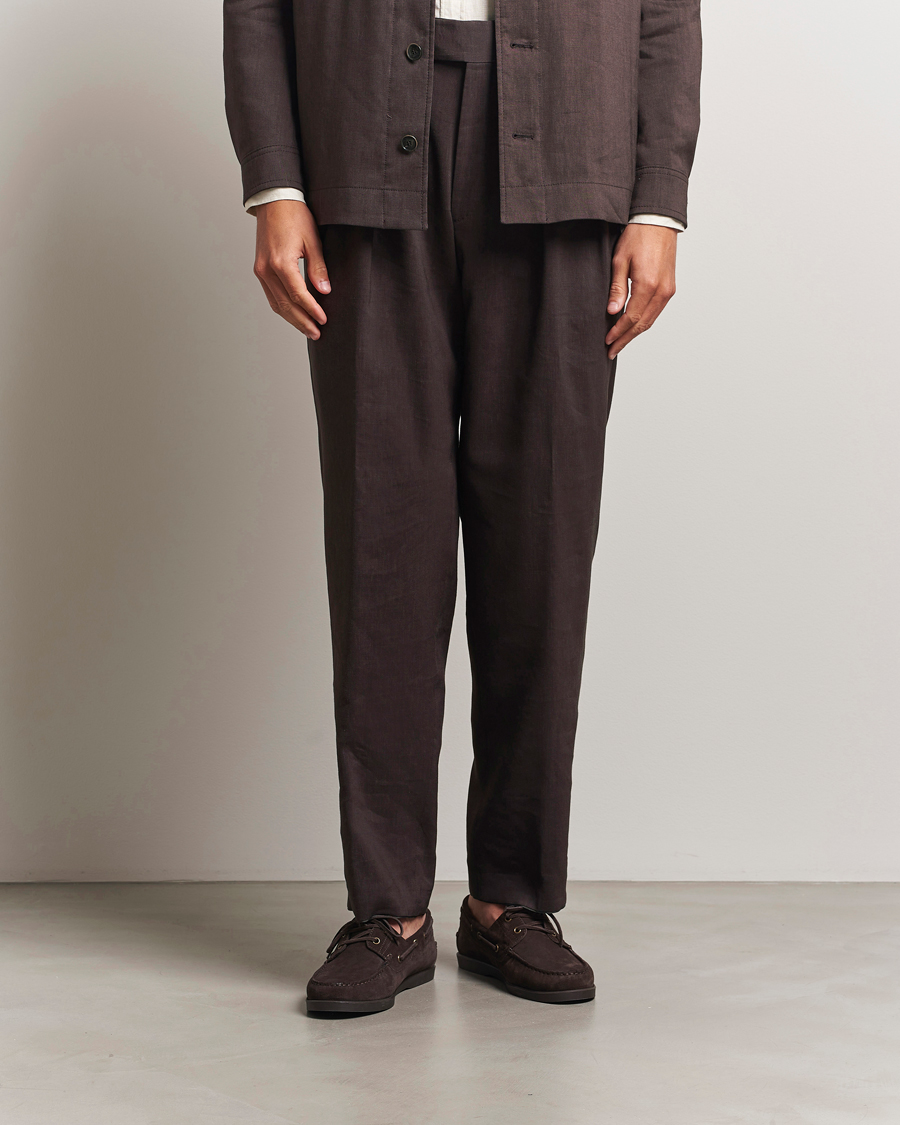 Men | Trousers | BOSS CAMEL | Port Linen Double Pleated Trousers Dark Brown