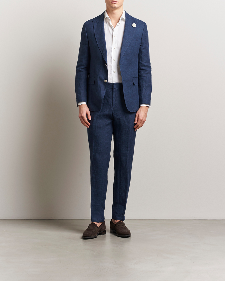 Men | Blazers | BOSS BLACK | Huge Linen Peak Lapel Blazer Dark Blue