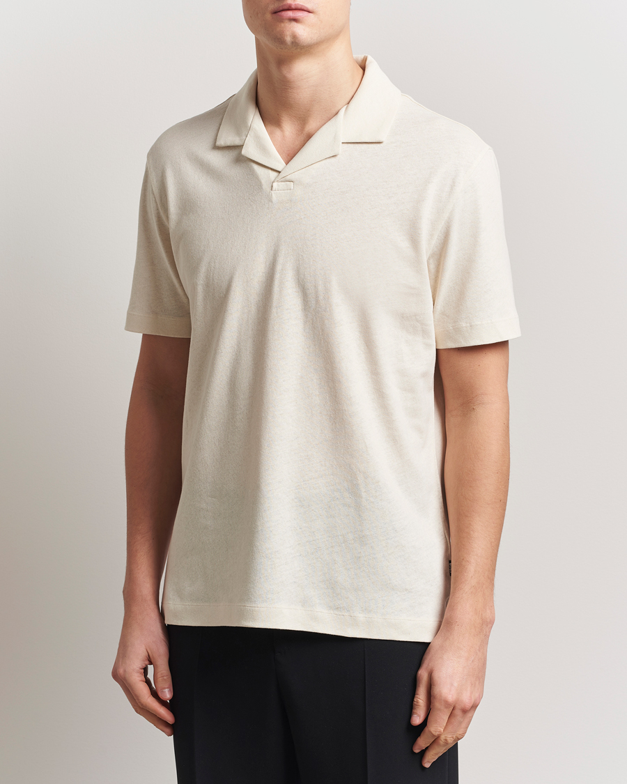 Men | Polo Shirts | BOSS BLACK | Ponti Cotton/Linen Open Collar Polo Open White