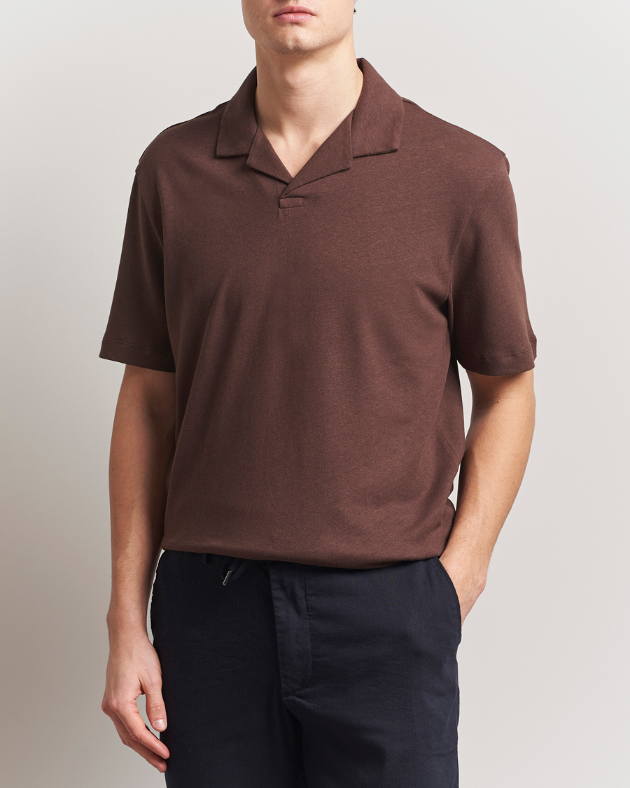 Men | Polo Shirts | BOSS BLACK | Ponti Cotton/Linen Open Collar Polo Dark Brown