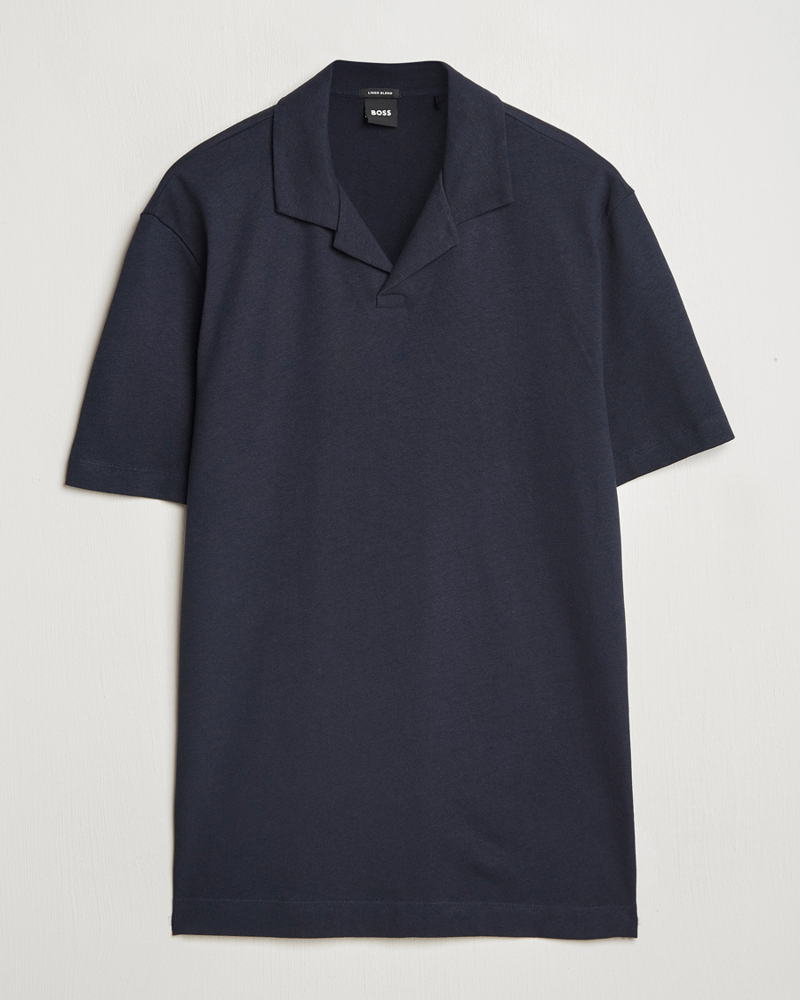 Men | Polo Shirts | BOSS BLACK | Ponti Cotton/Linen Open Collar Polo Dark Blue