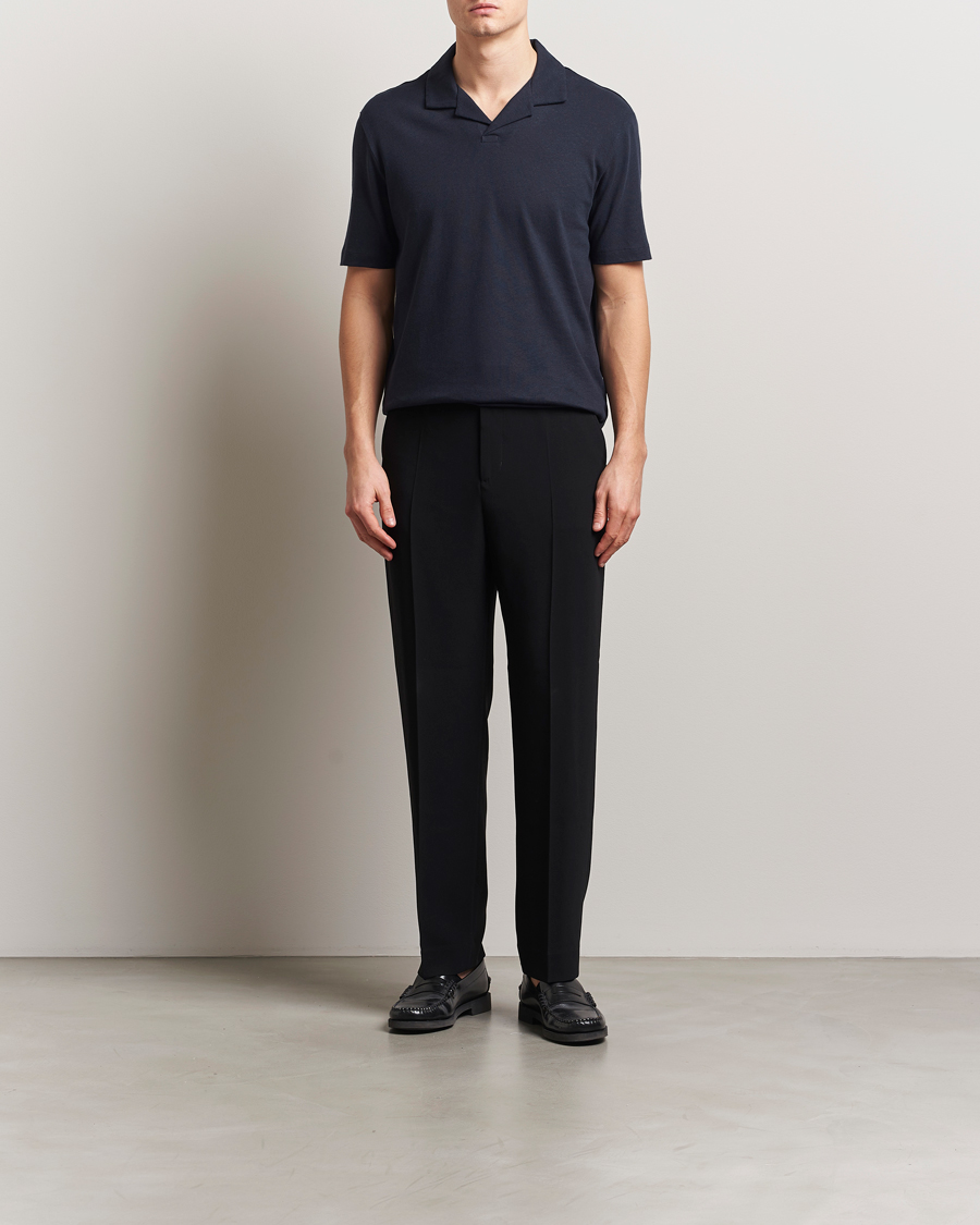 Men | Polo Shirts | BOSS BLACK | Ponti Cotton/Linen Open Collar Polo Dark Blue