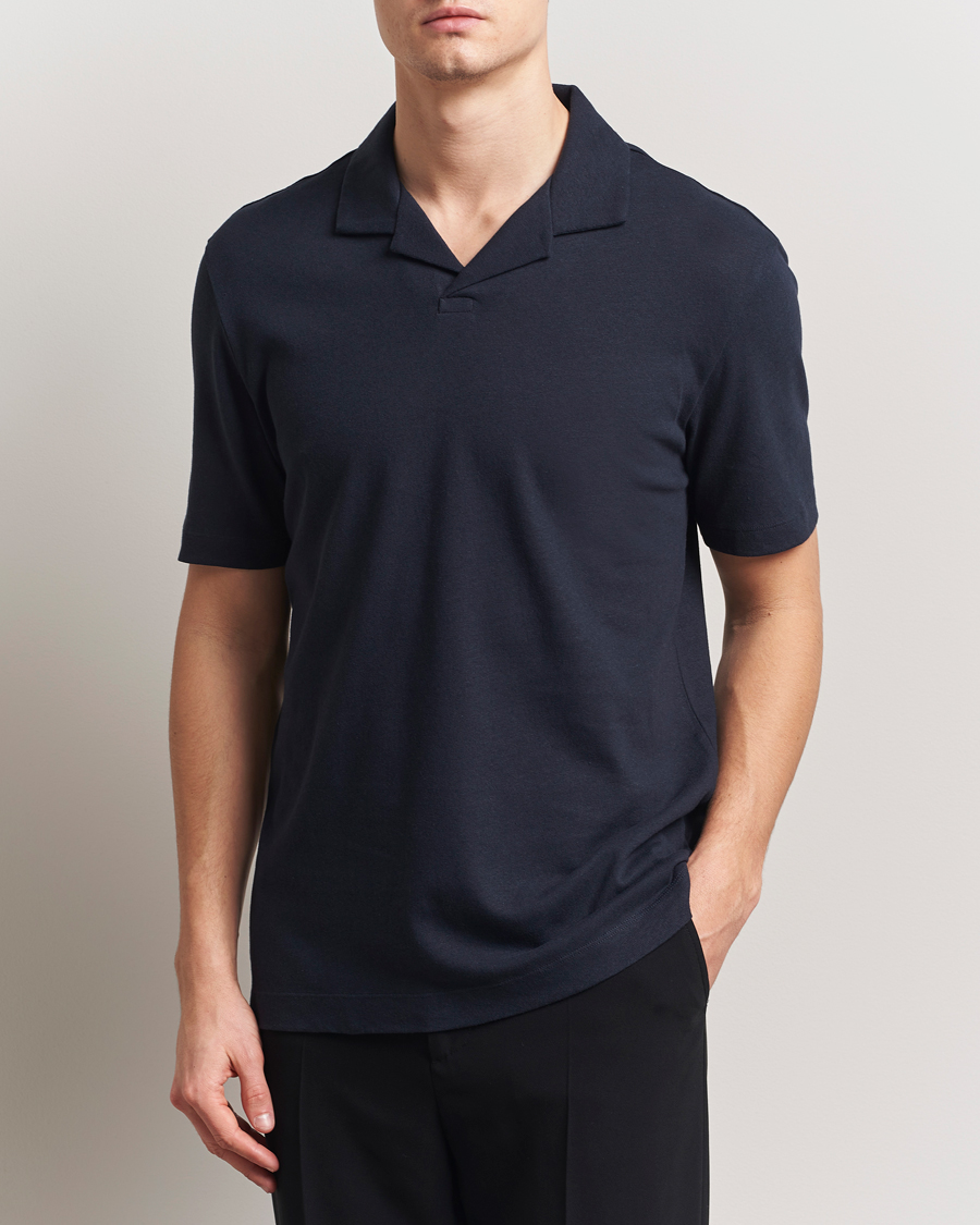 Men | Polo Shirts | BOSS BLACK | Ponti Cotton/Linen Open Collar Polo Dark Blue