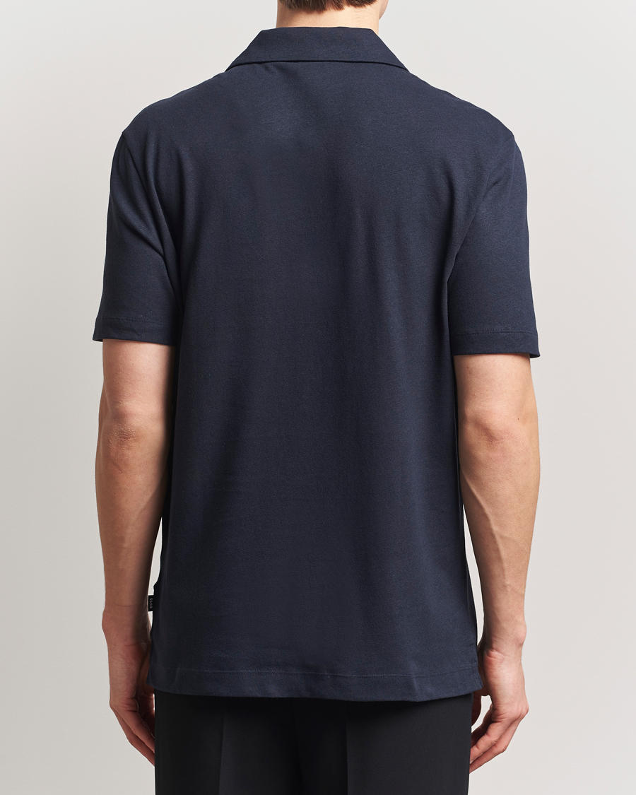 Men | Polo Shirts | BOSS BLACK | Ponti Cotton/Linen Open Collar Polo Dark Blue